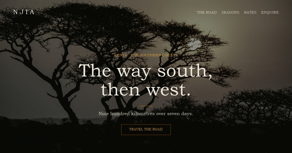 The Njia website on a laptop — a centred serif headline reading “The way south, then west” over acacia trees at sunset