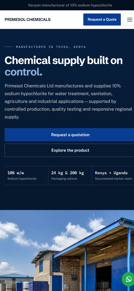 The same site on a phone, the specification strip stacked below the headline