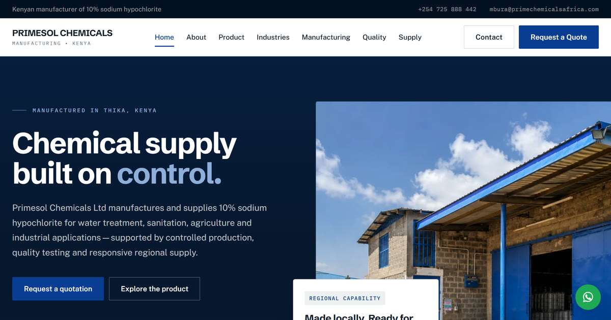 The Primesol Chemicals website on a laptop — a navy hero reading “Chemical supply built on control” beside a photograph of the Thika plant
